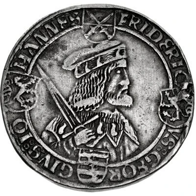 1 Guldengroschen ''Klappmützentaler'' - Frederick III, John I, and George ND front