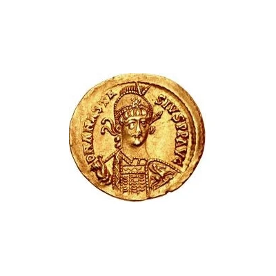 1 Solidus In the name of Anastasius I; Reverse legend ending with letter front