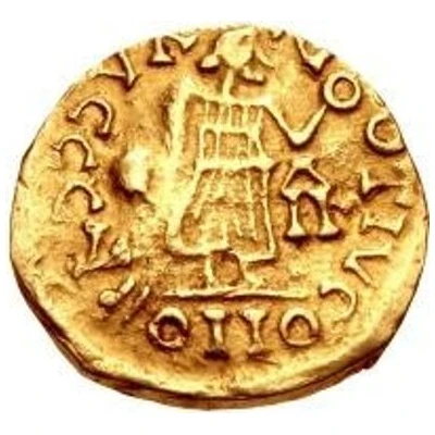 1 Tremissis In the name of Justin I; Lyon; with monogram to the right back