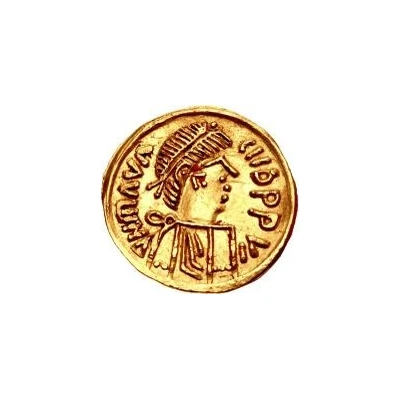 1 Tremissis In the name of Maurice Tiberius; Victory with crude face and helmet-hair; band curved down front