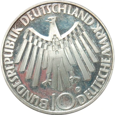 10 Deutsche Mark Olympic Games in Munich, legend "IN DEUTSCHLAND" front