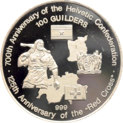 100 Guilders 700th Anniversary Helvetic Confederation / 125th Anniversary Red Cross ND back