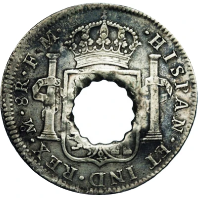 11 Bits Crenated center hole in Mexico 8 Reales, KM #109 ND back