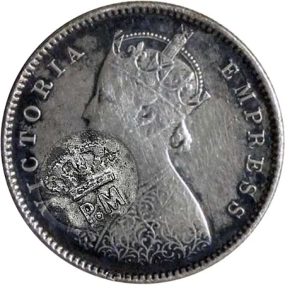 225 Réis - Luiz I Countermark "Crowned P.M" over ½ Rupee/Victoria, India ND front