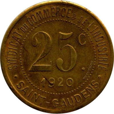 25 Centimes - Syndicat du Commerce et de l'Industrie - Saint-Gaudens [31] Brass back