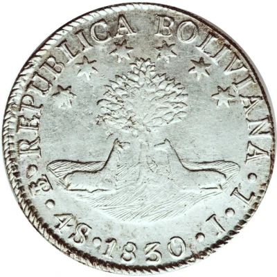 4 Reales Countermark over Bolivian 4 Soles 1830 PTS back