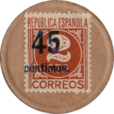 45 Centimos Numeral; countermark on 2 brown centimos ND front