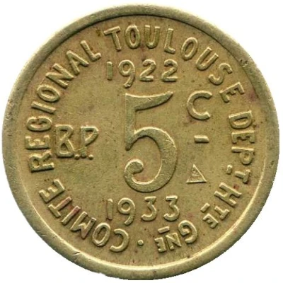 5 Centimes - Comité Régional - Toulouse [31] Brass back