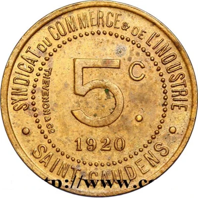 5 Centimes - Syndicat du Commerce et de l'Industrie - Saint-Gaudens [31] Brass back