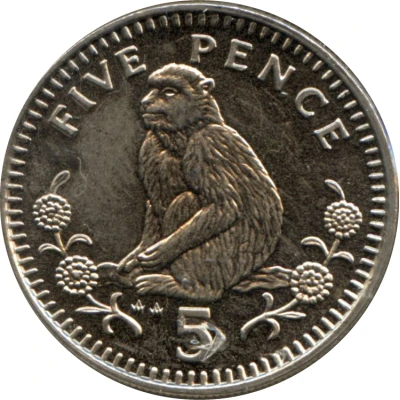 5 Pence - Elizabeth II Barbary Macaque; large type back