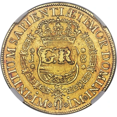 5 Pounds - George II FERDND VI D G HISPAN ET IND REX; countermarked ND back