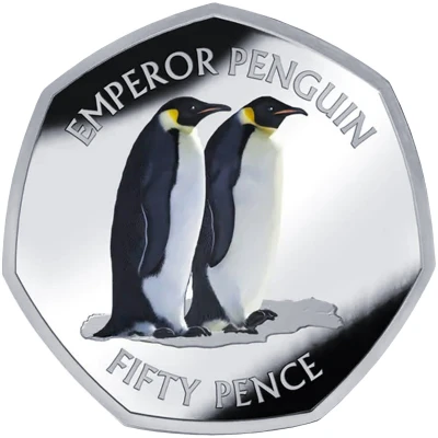 50 Pence - Charles III Emperor penguin; Coloured; Silver back