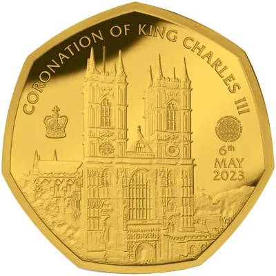 50 Pence - Charles III Westminster Abbey; Gold plated back