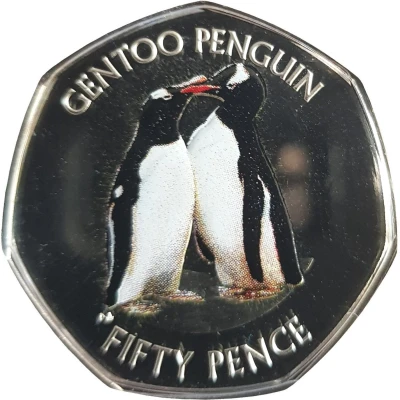 50 Pence - Elizabeth II Gentoo penguin; Coloured back