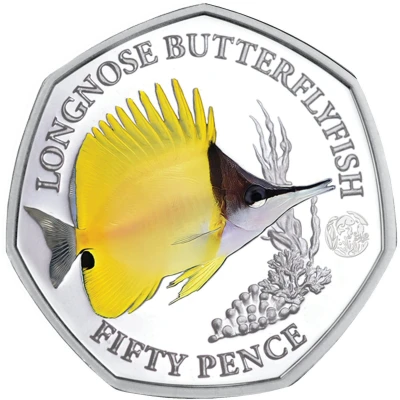 50 Pence - Elizabeth II Longnose butterflyfish; Silver back