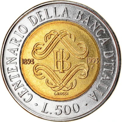 500 Lire Bank of Italy Centennial back