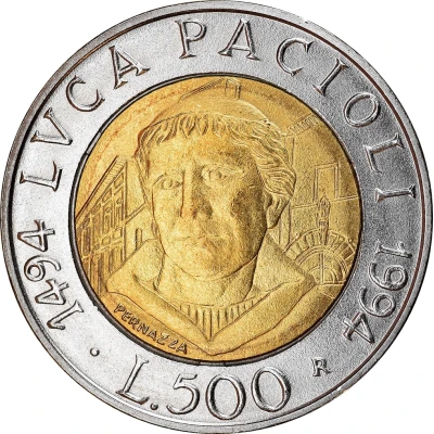 500 Lire Luca Pacioli back