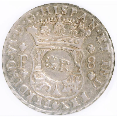 6 Shillings 8 Pence - George II FERDIND VI D G HISPAN ET IND REX; Guatemala City mint; countermarked ND front