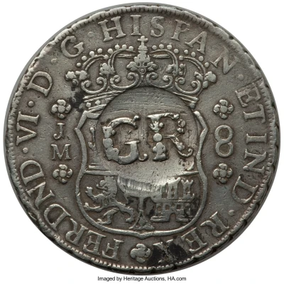 6 Shillings 8 Pence - George II FERDND VI D G HISPAN ET IND REX; Lima mint; countermarked ND front