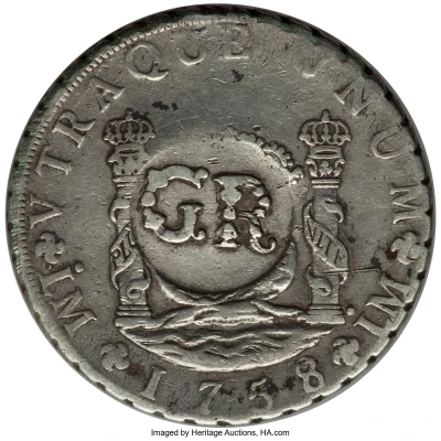 6 Shillings 8 Pence - George II FERDND VI D G HISPAN ET IND REX; Lima mint; countermarked ND back