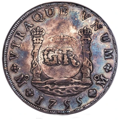 6 Shillings 8 Pence - George II FERDND VI D G HISPAN ET IND REX; imperial crown; Mexico City mint; countermarked ND back