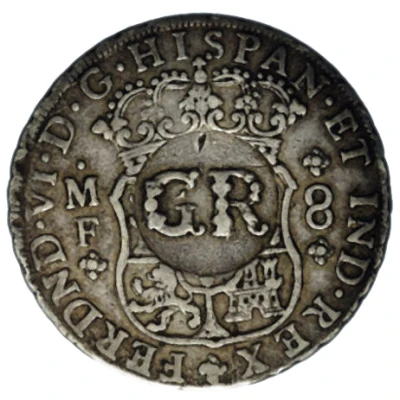 6 Shillings 8 Pence - George II FERDND VI D G HISPAN ET IND REX; royal crown; Mexico City mint; countermarked ND front