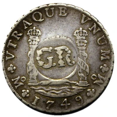 6 Shillings 8 Pence - George II FERDND VI D G HISPAN ET IND REX; royal crown; Mexico City mint; countermarked ND back