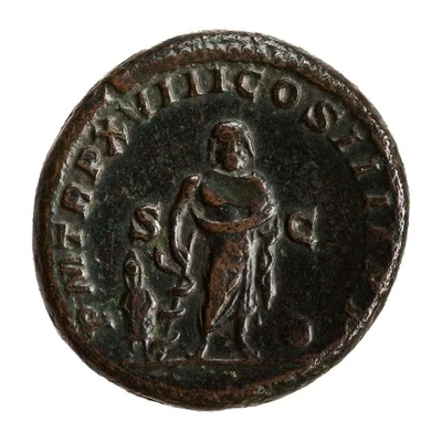 As - Caracalla P M TR P XVIII COS IIII P P S C; Asclepius and Telesphorus back