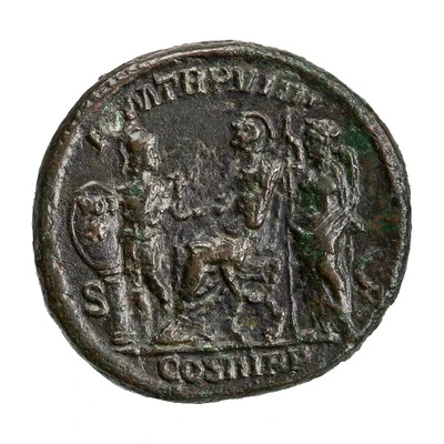 As - Severus Alexander P M TR P VIIII COS III P P S C; Victory and Virtus back