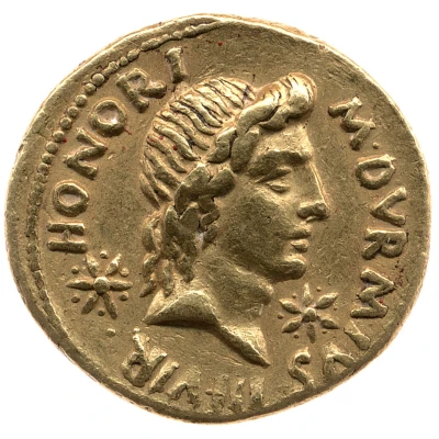 Aureus AVGVSTO OB C S; Honos 19 BC - 4 BC front