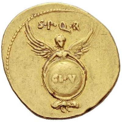 Aureus - Augustus S P Q R CL V; Victory 19 BC back