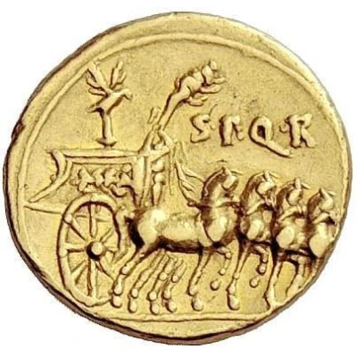 Aureus - Augustus S P Q R, quadriga to right 18 BC back