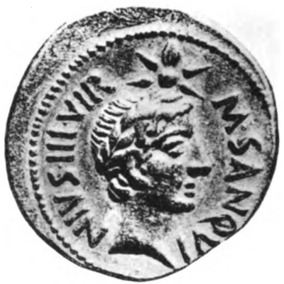 Aureus - Augustus and Julius Caesar M SANQVINIVS IIIVIR 17 BC back