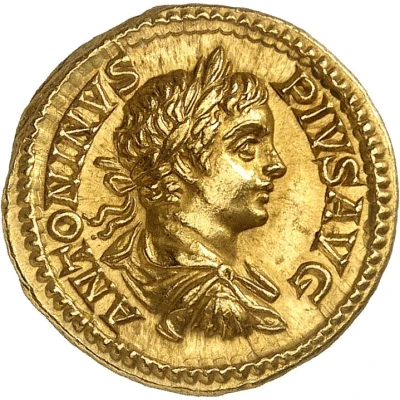 Aureus - Caracalla COS LVDOS SAECVL FEC; Hercules, Bacchus, and Liber front