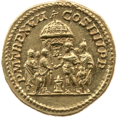 Aureus - Caracalla P M TR P XVII COS IIII P P; Vesta back