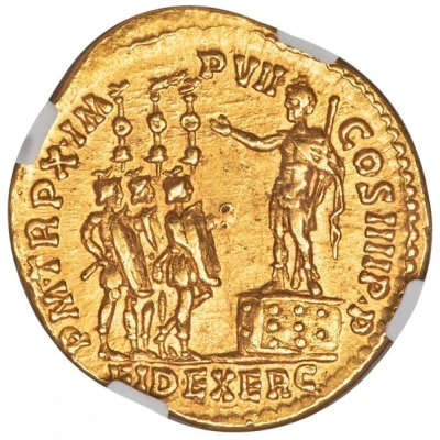 Aureus - Commodus P M TR P X IMP VII COS IIII P P FID EXERC back