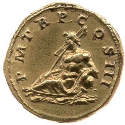 Aureus - Hadrian P M TR P COS III; Euphrates back