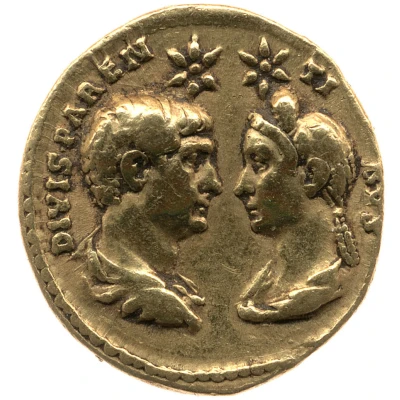 Aureus - Hadrian, Trajan, and Plotina DIVIS PARENTIBVS back