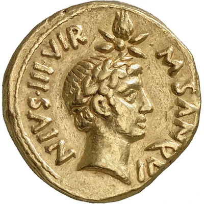 Aureus - Julius Caesar M SANQVINIVS IIIVIR 17 BC back