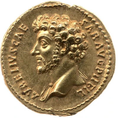 Aureus - Marcus Aurelius TR POT VI COS II; Roma, Virtus, and Victory front