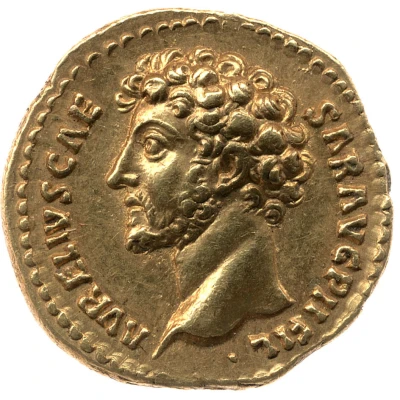 Aureus - Marcus Aurelius TR POT VI COS II; Roma, Virtus, and Victory front