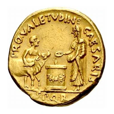 Aureus PRO VALETVDINE CAESARIS S P Q R; Victory 16 BC back