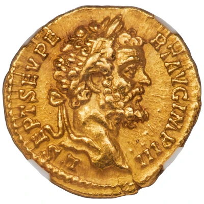 Aureus - Septimius Severus DIS AVSPICIB TR P II COS II P P; Hercules and Bacchus front