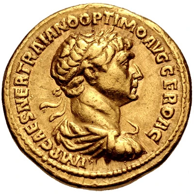 Aureus - Trajan P M TR P COS VI P P S P Q R FORT RED; Fortuna front