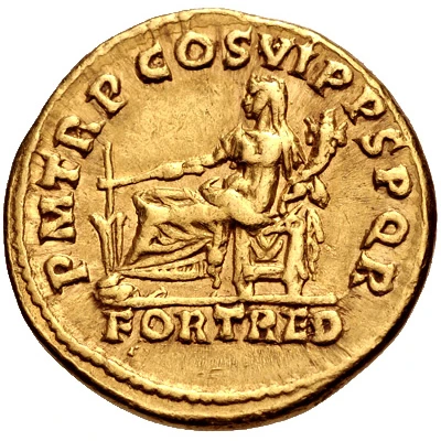 Aureus - Trajan P M TR P COS VI P P S P Q R FORT RED; Fortuna back
