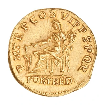 Aureus - Trajan P M TR P COS VI P P S P Q R FORT RED; Fortuna back
