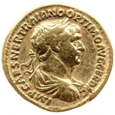 Aureus - Trajan P M TR P COS VI P P S P Q R VOTA SVSCEPTA; Genius front