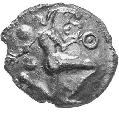 Bronze with running character and disks 55 BC - 30 AD front