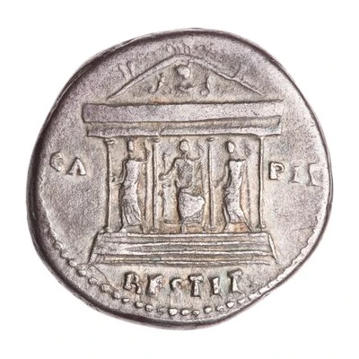 Cistophorus - Titus CAPIT RESTIT; Juno, Jupiter, and Minerva back