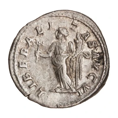 Denarius - Caracalla LIBERALITAS AVG VI; Liberalitas back